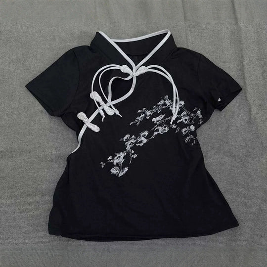 Damen Modernes Chinesisches Kurzarm-T-Shirt mit kreativem Knotendesign R&B