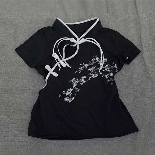 Damen Modernes Chinesisches Kurzarm-T-Shirt mit kreativem Knotendesign R&B