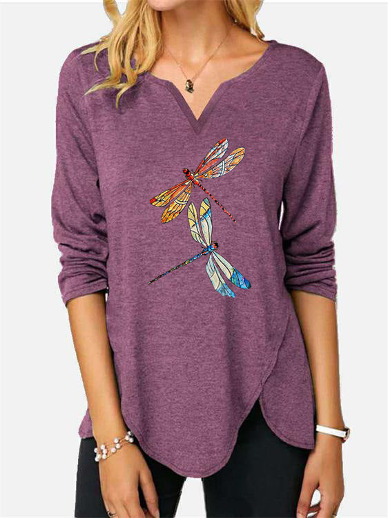 Damen V-Ausschnitt Langarmshirt mit Drachenfliegen-Print R&B