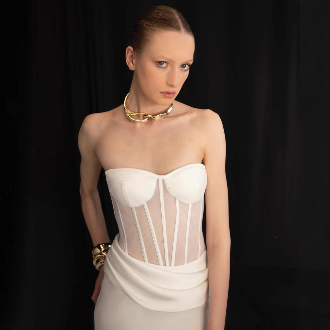 Damen Corsage-Langarmkleid mit elegantem Schnitt und fließendem Rock R&B