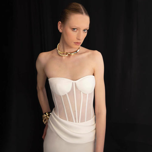 Damen Corsage-Langarmkleid mit elegantem Schnitt und fließendem Rock R&B
