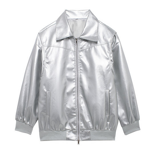 Damen Kunstlederjacke mit elastischen Bündchen und hochschließendem Kragen R&B