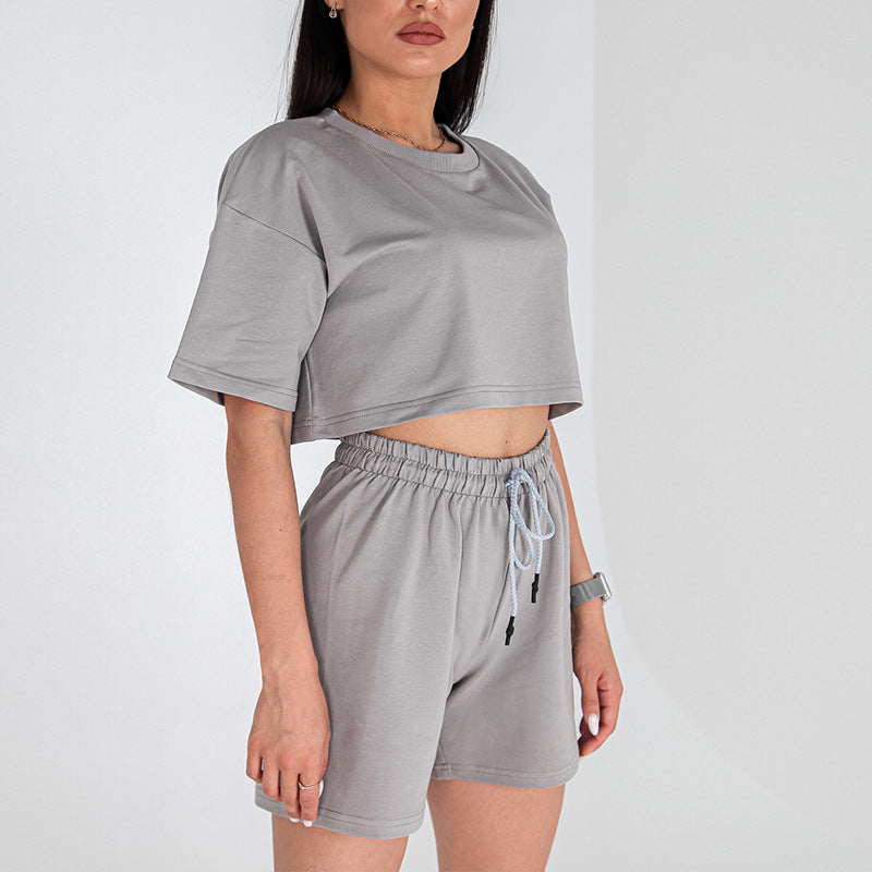 Damen lässiges Crop-Top und Shorts-Set mit elastischem Bund R&B
