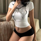 Damen Kurzarm-T-Shirt mit elegantem Schmetterlingsdesign und Stehkragen R&B