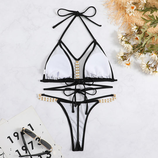 Damen Triangel-Bikini mit kunstvollen Perlenakzenten und verstellbaren Trägern R&B