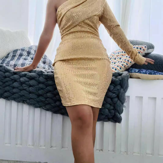 Damen Funktionsminikleid mit asymmetrischem Design und Kristallverzierung R&B