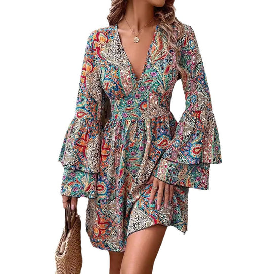 Damen V-Ausschnitt Minikleid mit floraler Paisley-Optik und voluminösen Ärmeln R&B
