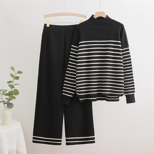 Damen gemütliches Strick-Loungewear-Set mit quer gestreiften Details R&B