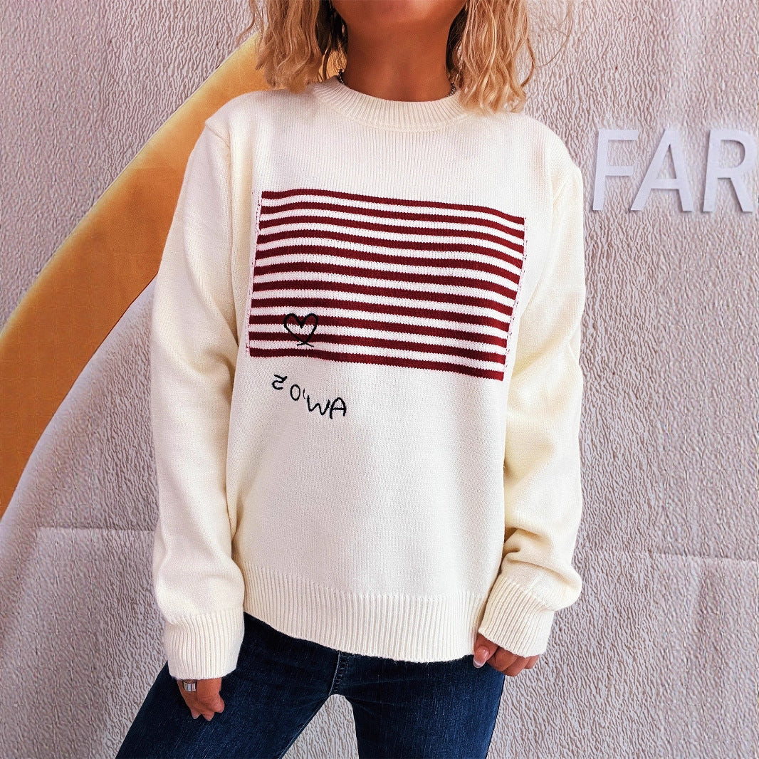 Damen lässiger Pullover mit gestreiftem Design und Herzapplikation R&B