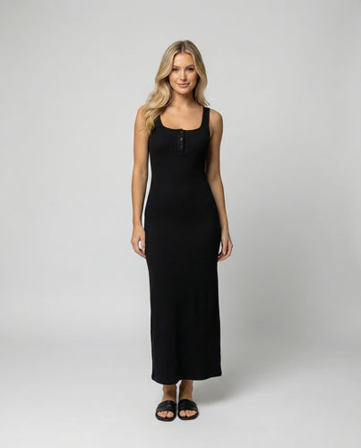 Damen figurbetontes Träger-Maxikleid aus elastischem Jersey mit Knopfdetail und knöchellanger Silhouette R&B
