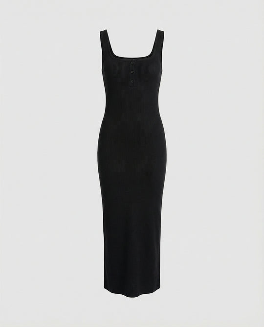 Damen figurbetontes Träger-Maxikleid aus elastischem Jersey mit Knopfdetail und knöchellanger Silhouette R&B