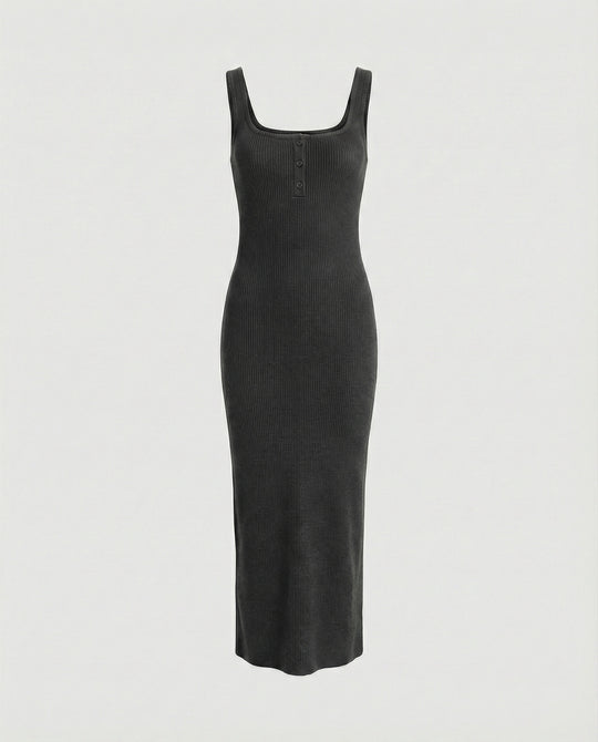 Damen figurbetontes Träger-Maxikleid aus elastischem Jersey mit Knopfdetail und knöchellanger Silhouette R&B