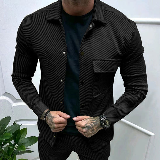 Herren nan schlanke Rippenstruktur-Überhemdjacke mit Druckknopfverschluss und Brustklappe R&B