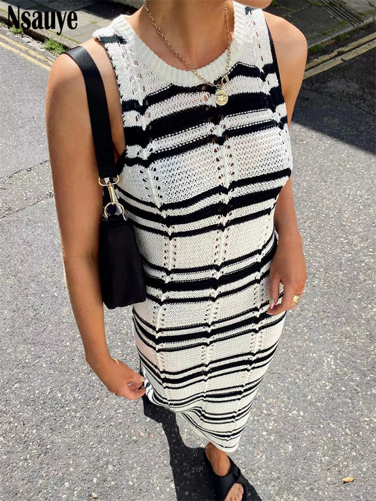 Damen Maxikleid aus gehäkeltem Stoff mit modernem Streifenmuster R&B