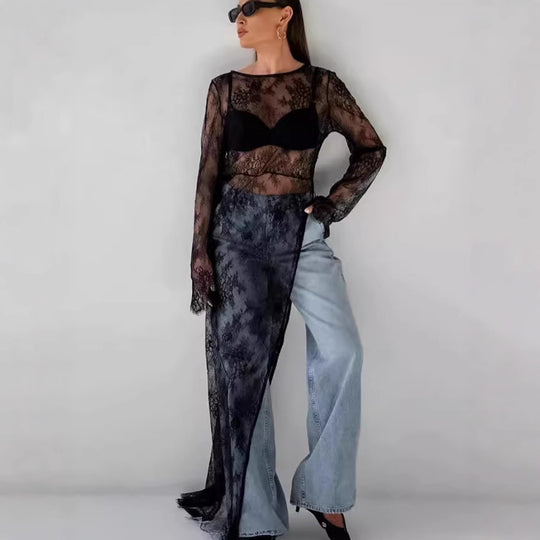 Damen transparente Spitzenbluse mit langen Ärmeln und lässigem Rückenausschnitt R&B