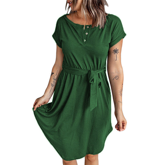 Damen lässiges Knopfkleid mit Taillengürtel und kurzem Ärmel R&B