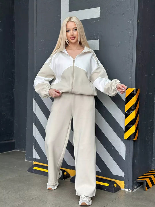 Damen sportliches Set aus hochfunktionalem Fleece-Material mit Reißverschluss R&B