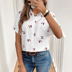Damen Kurzarm Bluse mit Kirschmotiv und Tasche R&B