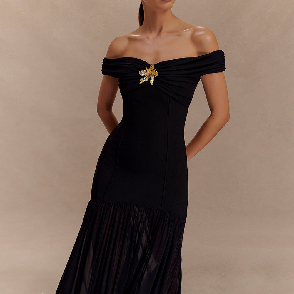 Damen Elegantes Maxikleid mit schulterfreiem Design und verführerischem Drapierungselement R&B