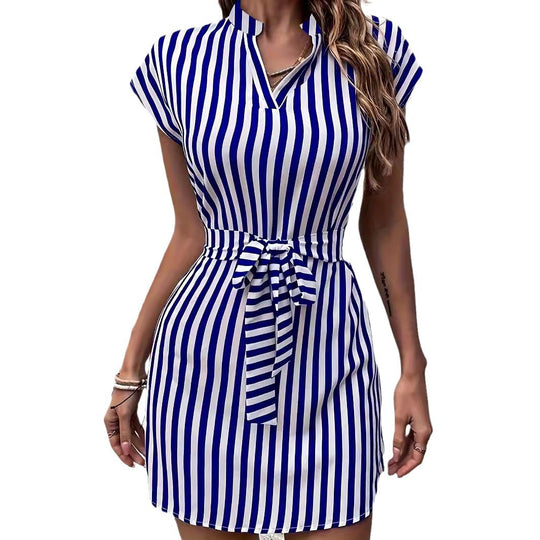 Damen Trendiges Kurzarm Kleid mit schmalem Taillengürtel und modischem Streifenmuster R&B
