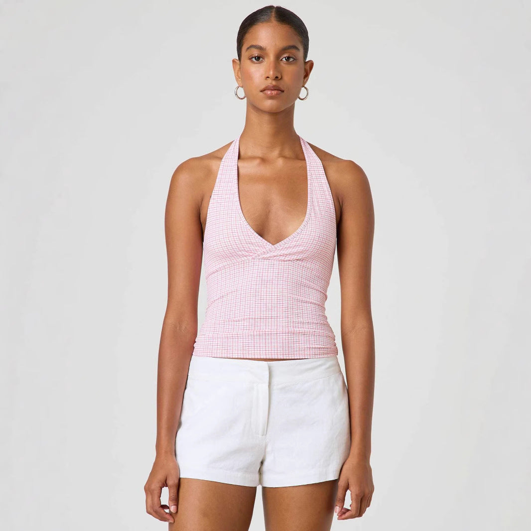 Damen Halter-Top mit Punktmuster und V-Ausschnitt R&B