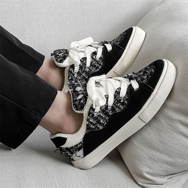 Damen Sneakers mit modischem Tweed-Design und übergroßen Schnürsenkeln