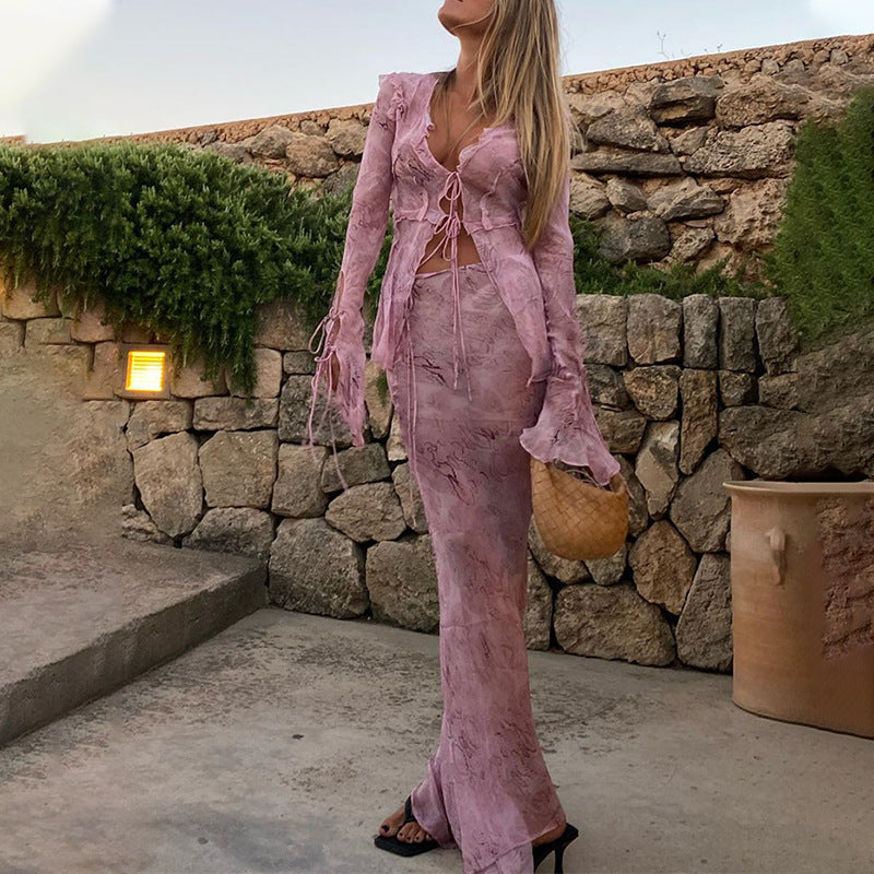 Damen Elegantes Cut-Out Maxikleid mit fließendem Stoff und raffinierten Rüschendetails R&B