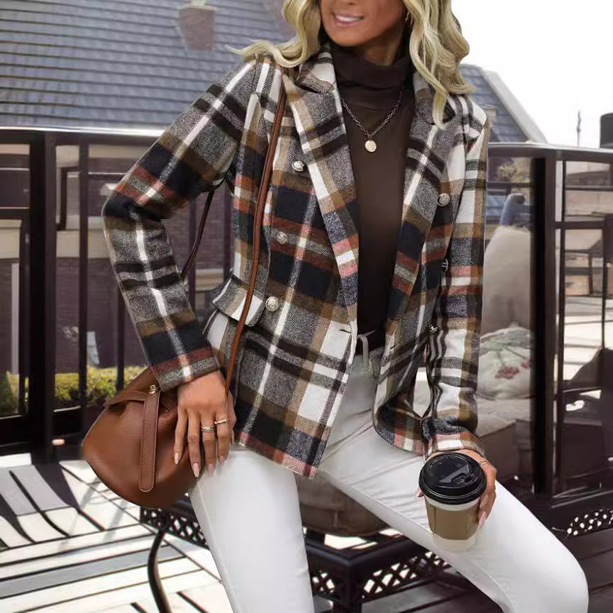 Damen kariertes Zweireiher-Blazerjacke mit eleganten Knopfdetails und maßgeschneidertem Schnitt R&B