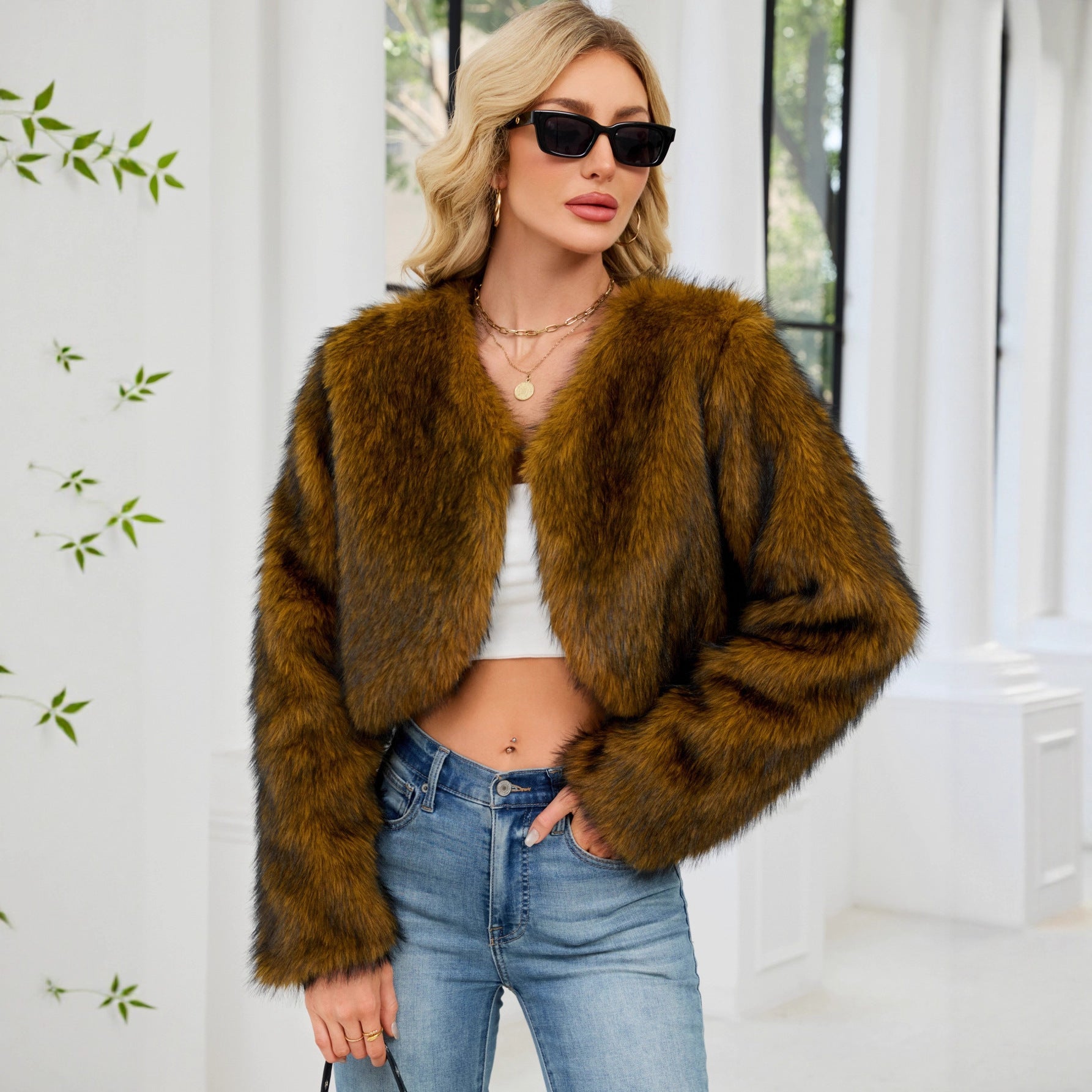 Damen Flauschige Kunstpelzjacke mit weitem Schnitt R&B