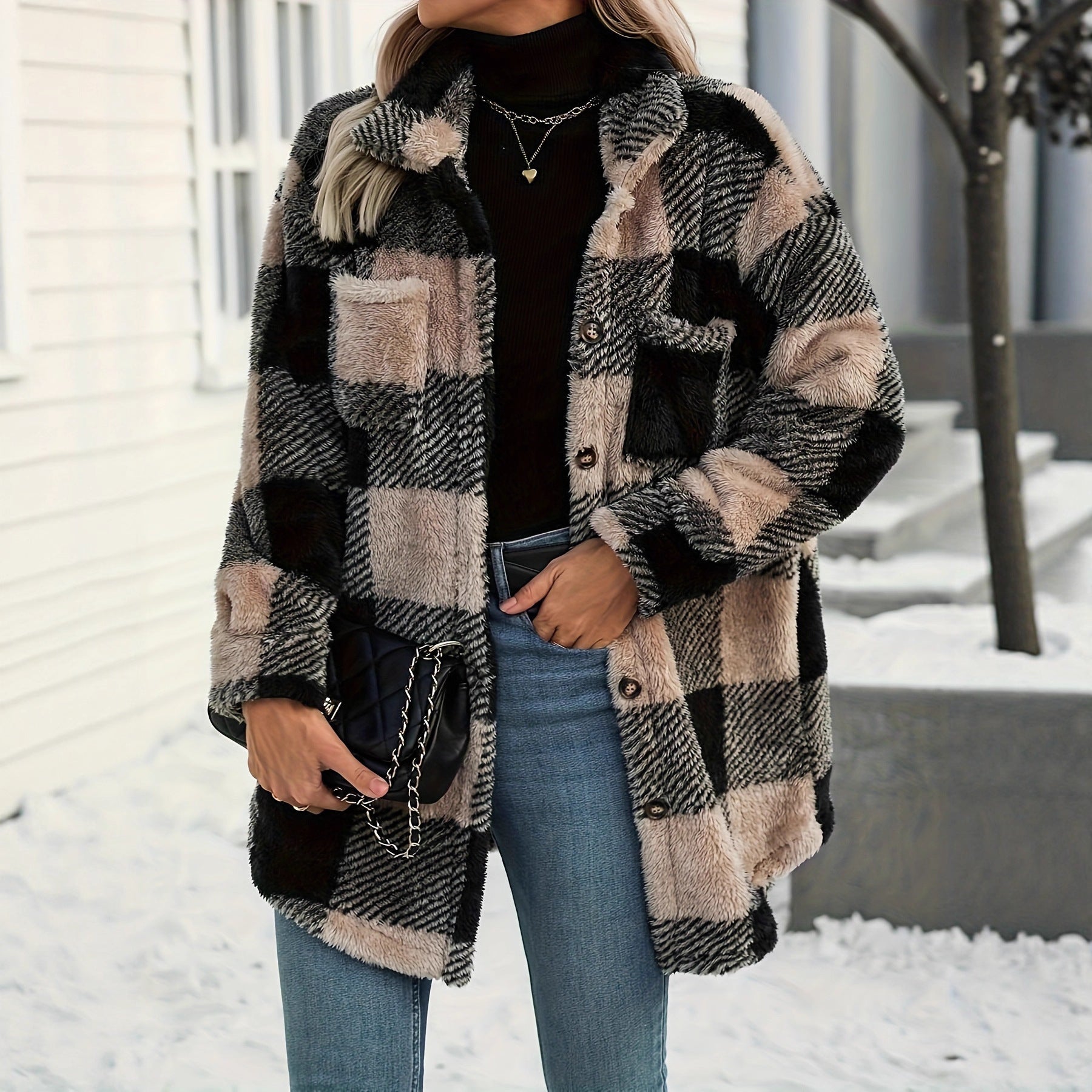 Damen Teddyjacke mit kariertem Muster und weichem Fell