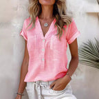 Damen Kurzarm Leinenbluse mit Knopfdetails R&B