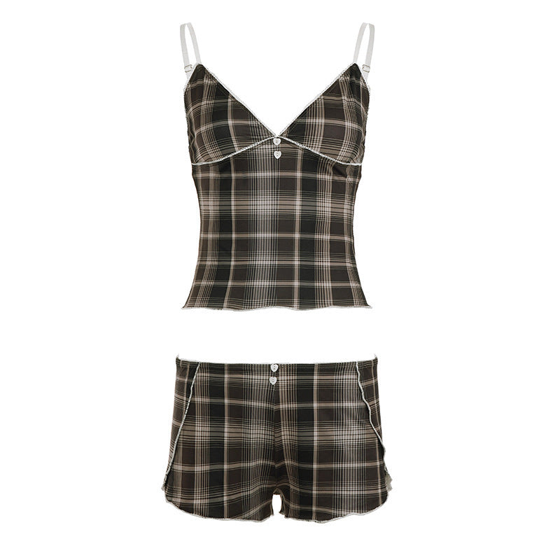 Damen Schlafanzug mit Karomuster und elegantem Spitzendetail R&B