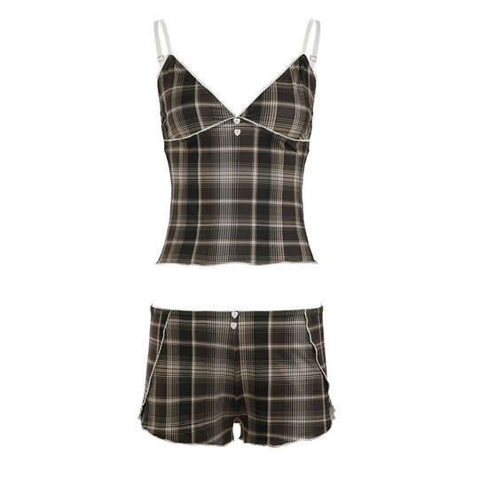 Damen Schlafanzug mit Karomuster und elegantem Spitzendetail R&B