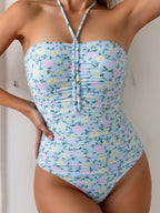 Damen Bandeau Badeanzug mit fröhlichem Blumenmuster