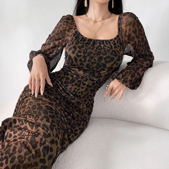 Damen elegantes Kleid mit Leopardenmuster und Puffärmeln R&B