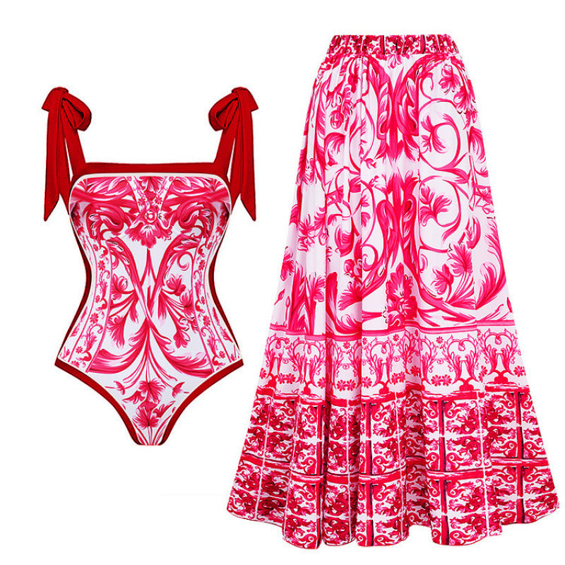 Damen Badeanzug-Set mit elegantem Floral-Design und passender Strandhose R&B