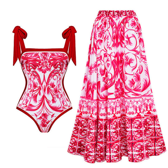 Damen Badeanzug-Set mit elegantem Floral-Design und passender Strandhose R&B