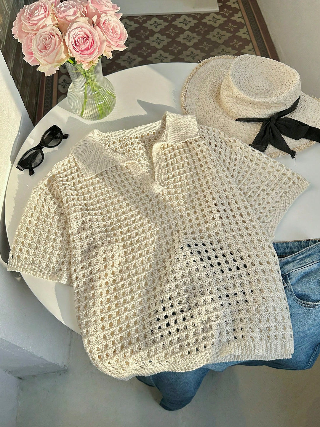 Damen luftiges Strickoberteil mit modernem Netzdesign R&B