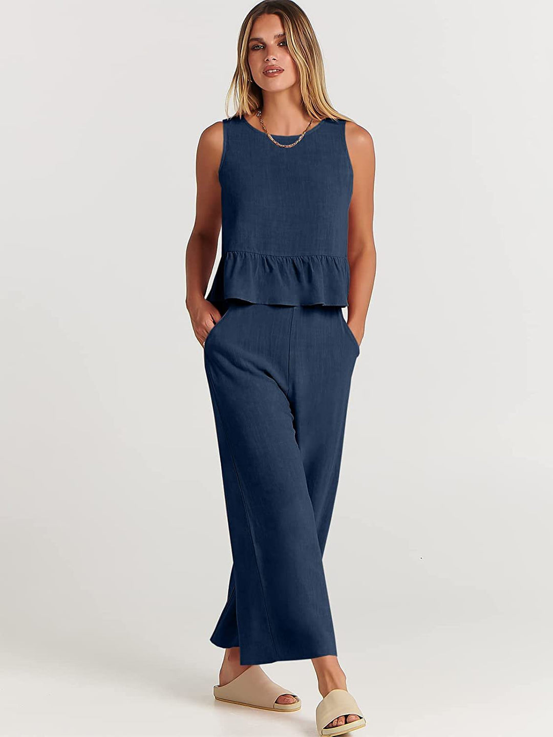 Damen Zweiteiler-Set mit schickem Peplum-Oberteil und weit geschnittenen Hosen R&B