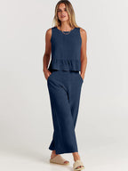 Damen Zweiteiler-Set mit schickem Peplum-Oberteil und weit geschnittenen Hosen