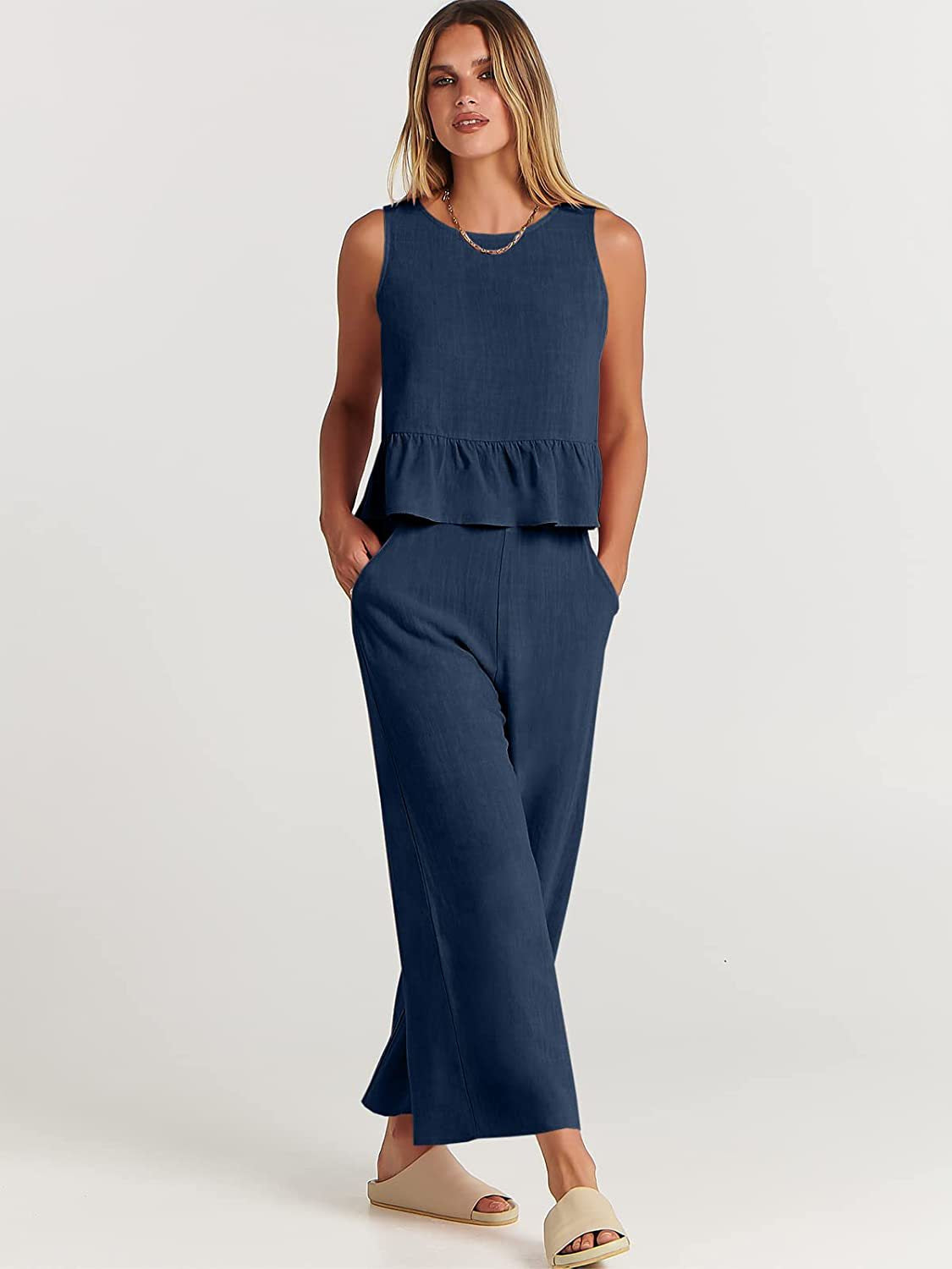 Damen Zweiteiler-Set mit schickem Peplum-Oberteil und weit geschnittenen Hosen