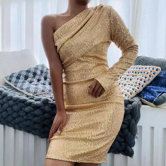 Damen Funktionsminikleid mit asymmetrischem Design und Kristallverzierung R&B