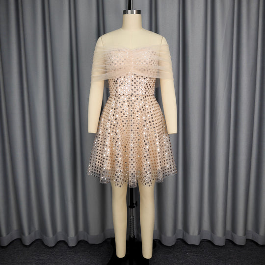 Damen Glamouröses Cocktailkleid mit transparentem Tüllüberzug und funkelnden Pailletten R&B