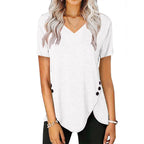 Damen lässiges V-Ausschnitt T-Shirt mit asymmetrischem Saum und dekorativen Knopfdetails R&B