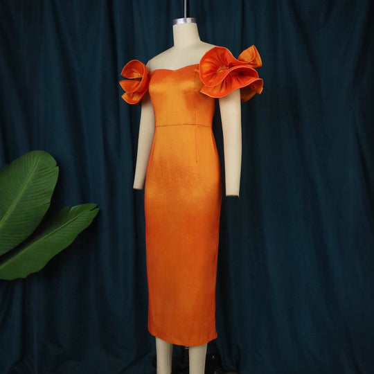 Damen figurbetontes Abendkleid mit voluminösen Rüschenträgern R&B