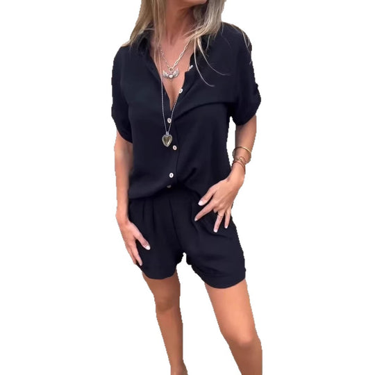 Damen Kurzoverall mit elegantem Hemdkragen und Taillengürtel R&B