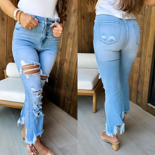 Damen Flared Jeans mit modischen Destroyed-Details und hoch geschnittenem Bund R&B