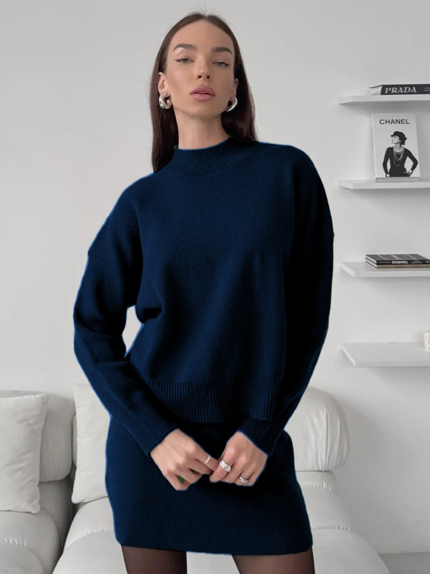Damen kuscheliges Strickensemble mit hochgeschlossenem Design und ausgestelltem Rock R&B