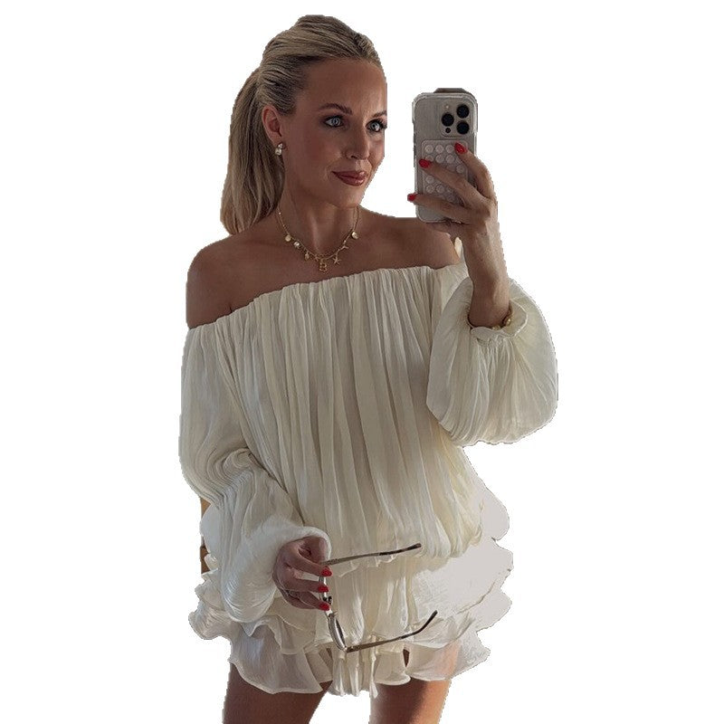 Damen luftiges Off-Shoulder Kleid mit Rüschenschnitt R&B