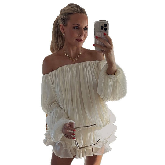 Damen luftiges Off-Shoulder Kleid mit Rüschenschnitt R&B